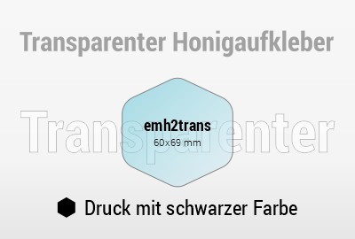 Transparente Honigetiketten, sechseckig, gerundet 62x61 mm - chwarzer Druck